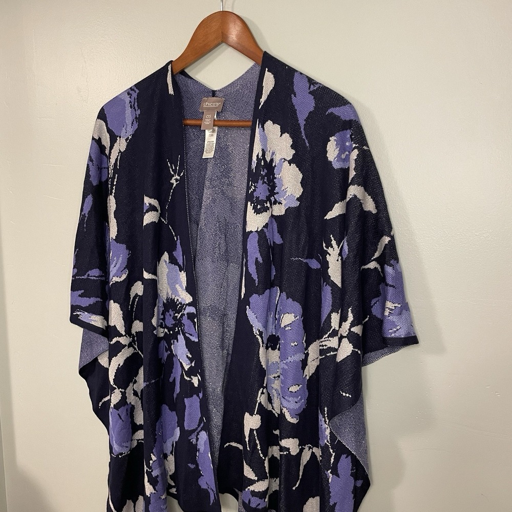 Chico's Cardigan Sweater Floral Print Purple Blue Open Front One‎ Size - Picture 2 of 7